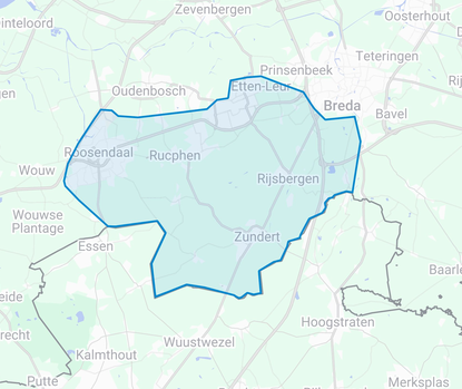 Kaart van het werkgebied van VentilatieFix: Zundert, Breda, Rijsbergen, Roosendaal en omgeving
