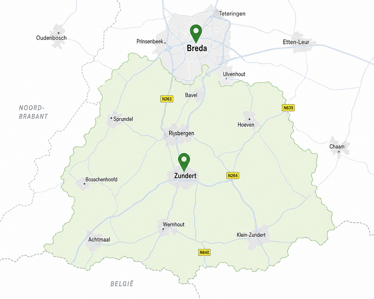 Kaart van het werkgebied van VentilatieFix: Zundert, Breda, Rijsbergen, Wernhout, Achtmaal en Klein-Zundert